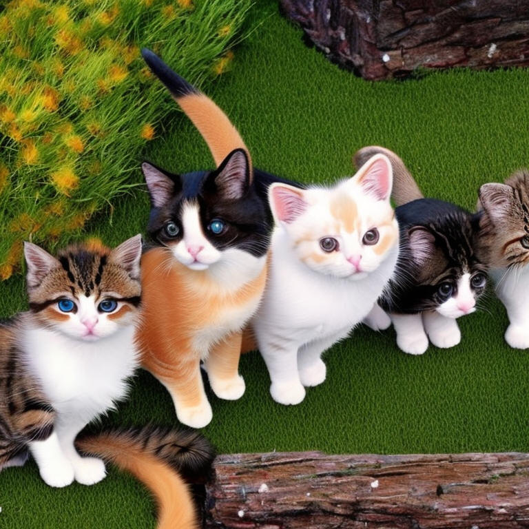 "Five cute cats, play in the garden"