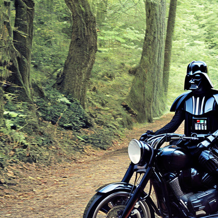 "Photo of Darth Vader riding a motorcycle through the woods"