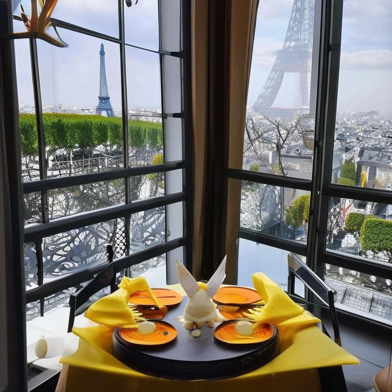 "a pikachu fine dining with a view to the Eiffel Tower"