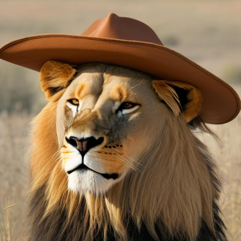 "a lion wearing a cowboy hat"