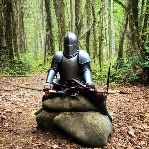 "a photo of a knight armed with a long sword, sitting on a rock, in a forest"