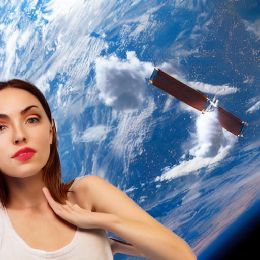 "Beautiful woman playing in outer space with a view of the International Space Station"